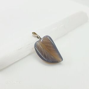 Carved Grey Agate Leaf Tribal Pendant 1.31"